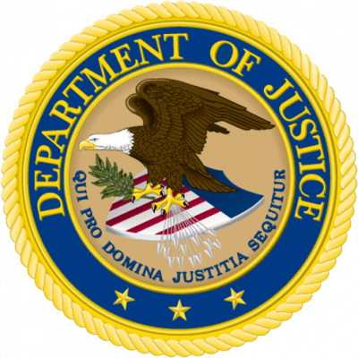 Department of Justice logo (an eagle holding a red white and blue shield