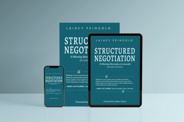 Cover of Structured Negotiation, a Winning Alternative to Lawsuits, Second Edition shown on a large and small mobile device and a paperback