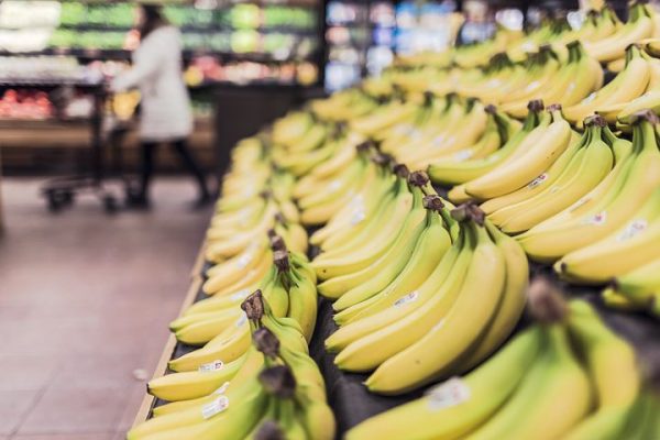display of bananas at grocery store