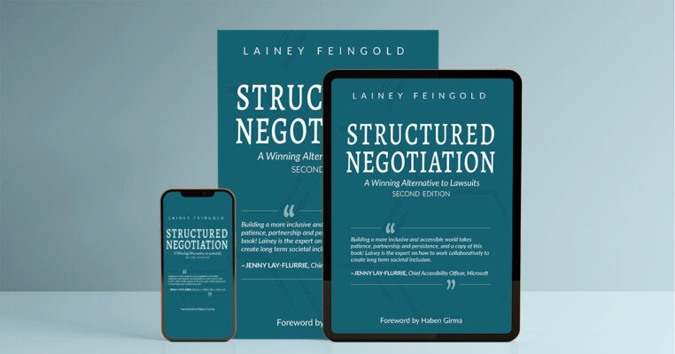 2d edition of Structured Negotiation book cover shown on tablet, phone, and paperback