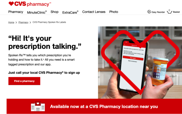 screenshot of CVS webpage with the headline "“Hi! It's your prescription talking.” There is an image of a mobile phone and a prescription bottle with a big heart around it.