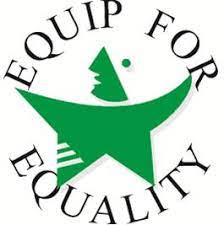 Equip for Equality Logo. Green image that could be star or person in center of organizational name