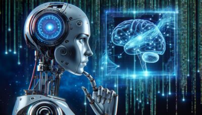 human-looking robot deep in thought 