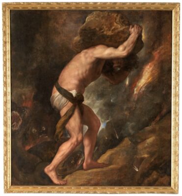 painting of Sisyphus carrying a boulder uphill painted by Titian in 1548