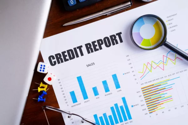 graphic image of a credit report page with bar chart and a magnifying glass