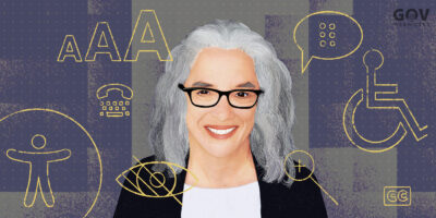 drawing of Lainey Feingold, a white woman with gray hair, with accessibility symbols representing font size, blind access and others in background