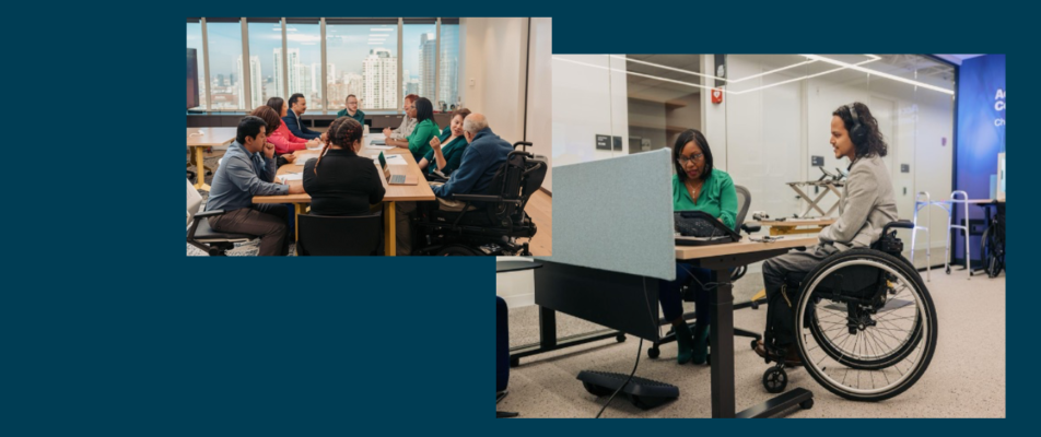 Image from DREDF webiste of people working around two tables, including people using wheelchairs