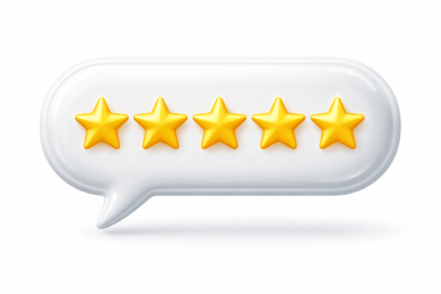A speech bubble with 5 star excellent reviews
