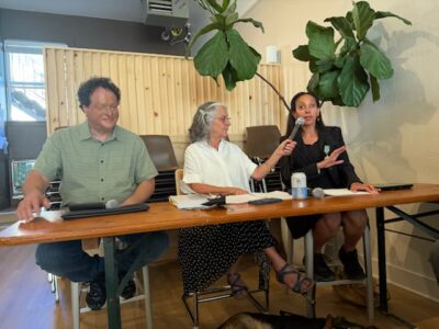 3 panelists: blind white man, white woman, Black woman reading braille and speaking in microphone